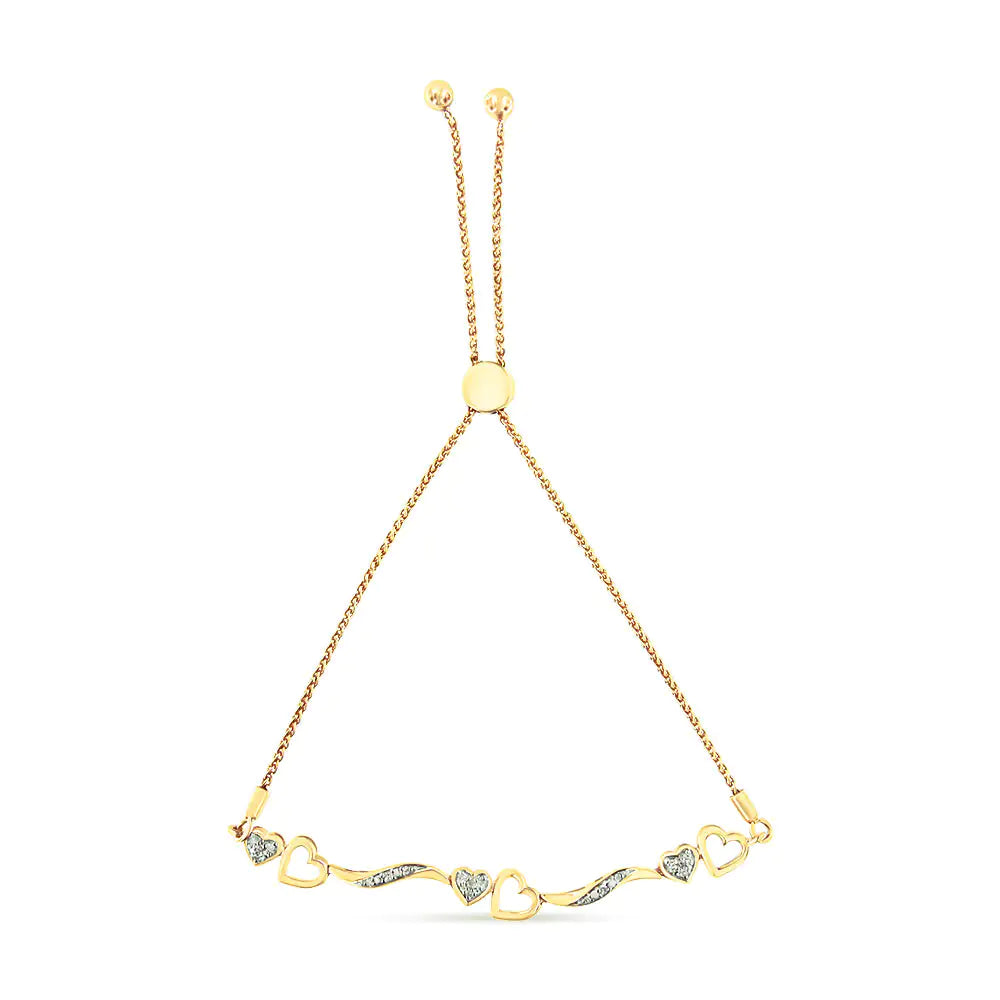 Pulsera bolo con eslabones en forma de corazón y ondas con detalles de diamantes en plata de ley 925 (color IJ, claridad I2-I3) - Ajustable de 6" a 9"
