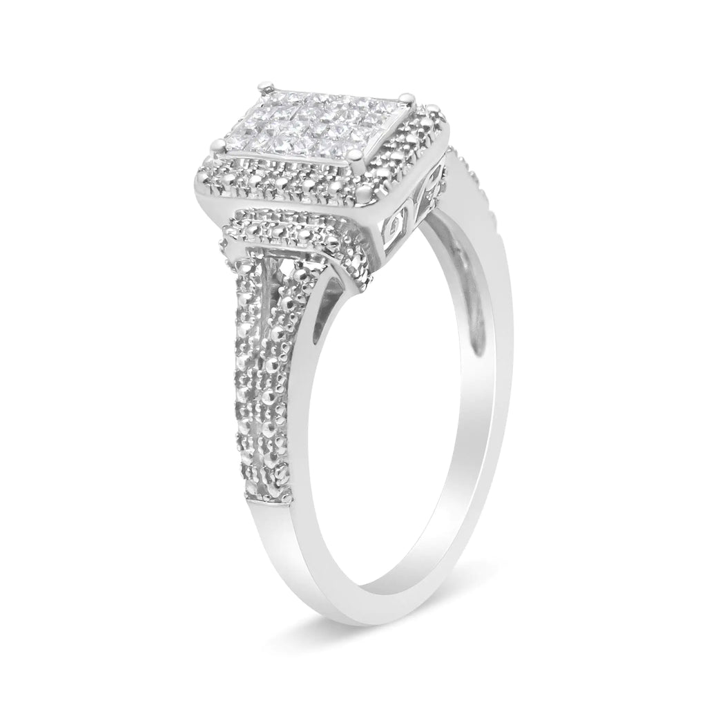 Bague de fiançailles en argent sterling 925 avec diamant composite taille princesse 1/4 ct et tige perlée (couleur HI, clarté SI1-SI2)