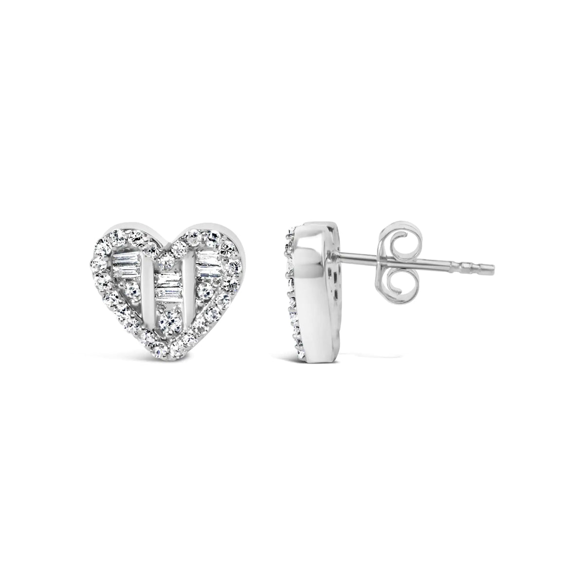Boucles d'oreilles à tige en forme de cœur en argent sterling 925 avec diamants ronds et baguettes de 1/2 ct (couleur IJ, pureté SI2-I1)