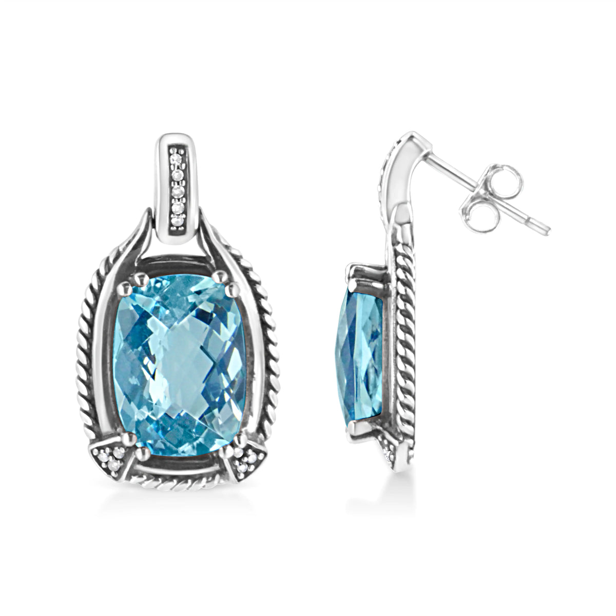 Aros colgantes con topacio azul de talla cojín de 14 x 10 mm y detalle de diamante en plata de ley 925 (color IJ, claridad I1-I2)