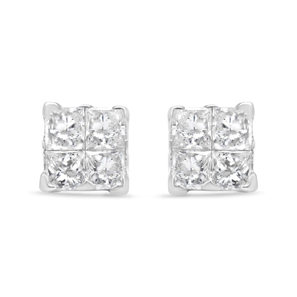 .925 Sterling Silver 5/8 Cttw Princess Cut Diamond Invisible Set Quad Composite Stud Earrings (I-J Color, I2-I3 Clarity)