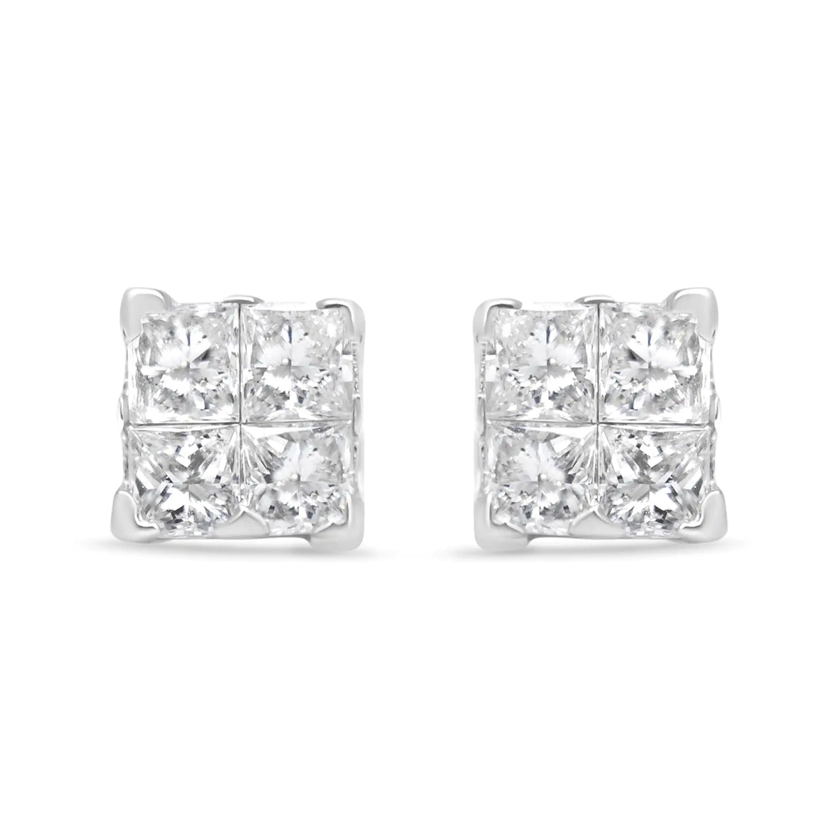 .925 Sterling Silver 5/8 Cttw Princess Cut Diamond Invisible Set Quad Composite Stud Earrings (I-J Color, I2-I3 Clarity)