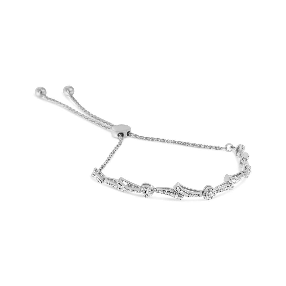 Pulsera bolo con eslabones en forma de corazón y ondas con detalles de diamantes en plata de ley 925 (color IJ, claridad I2-I3) - Ajustable de 6" a 9"