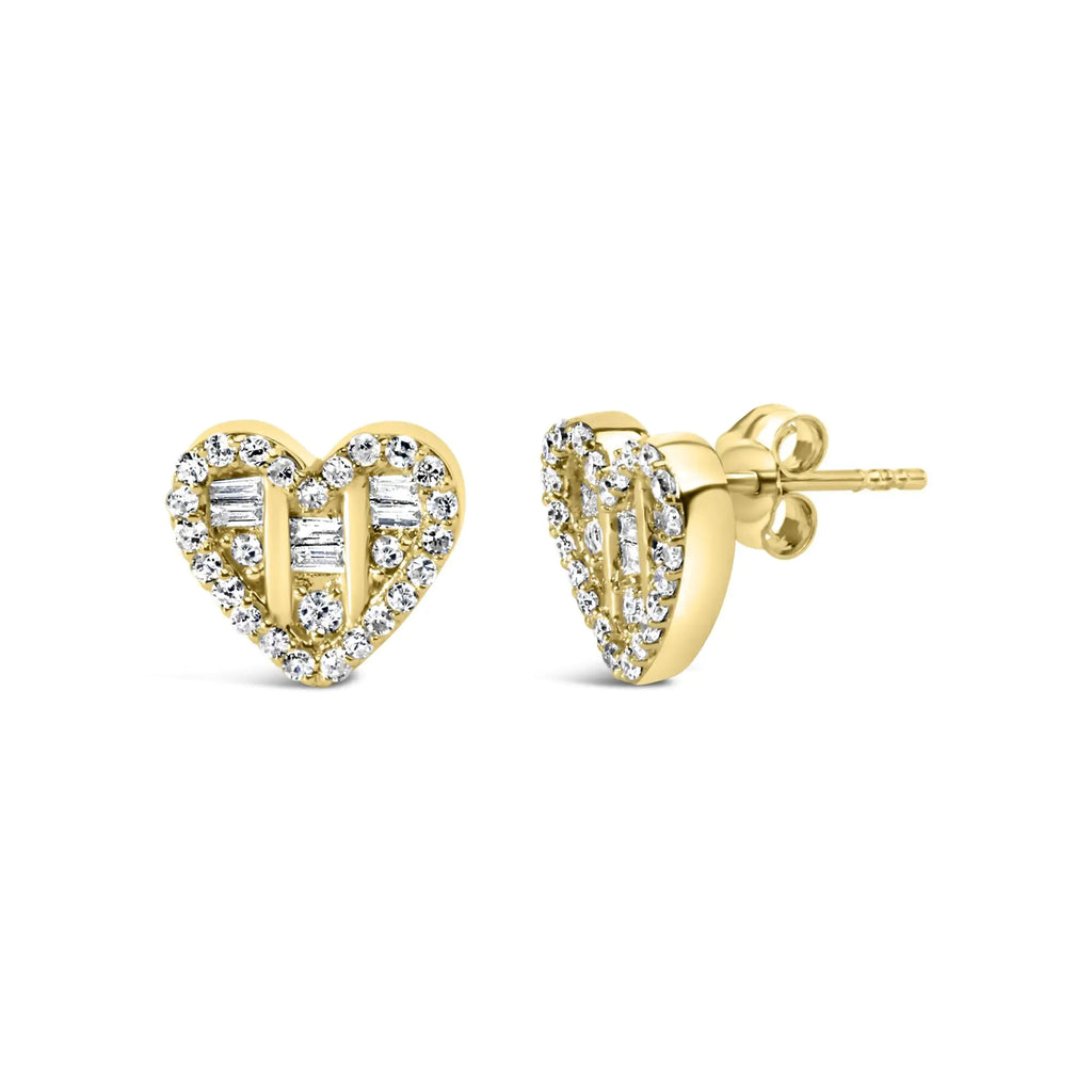 Boucles d'oreilles à tige en forme de cœur en argent sterling 925 avec diamants ronds et baguettes de 1/2 ct (couleur IJ, pureté SI2-I1)