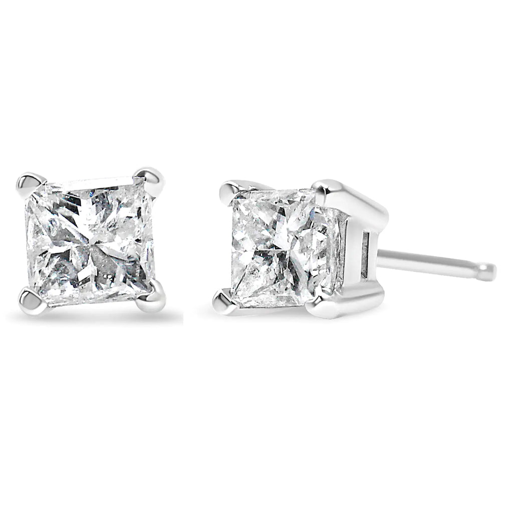 Aros solitarios de diamantes de talla princesa de 1/5 ct y 4 puntas en plata de ley 925 (color HI, claridad SI2-I1)