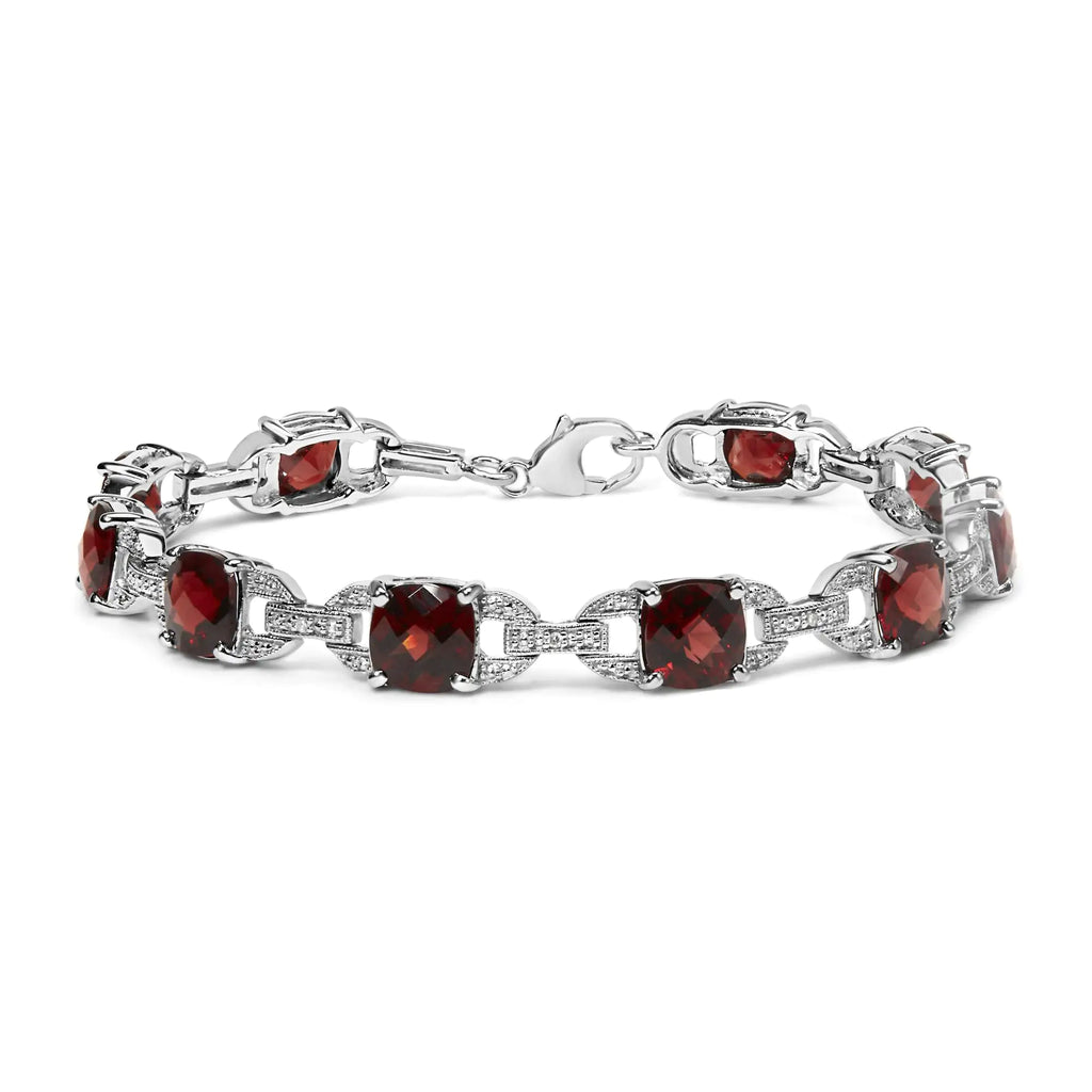 Bracelet à maillons de tennis tendance en argent sterling 925 7 x 7 mm avec coussin à carreaux et accents de diamants et grenat rouge (couleur IJ, clarté I1-I2) - Taille 7" pouces