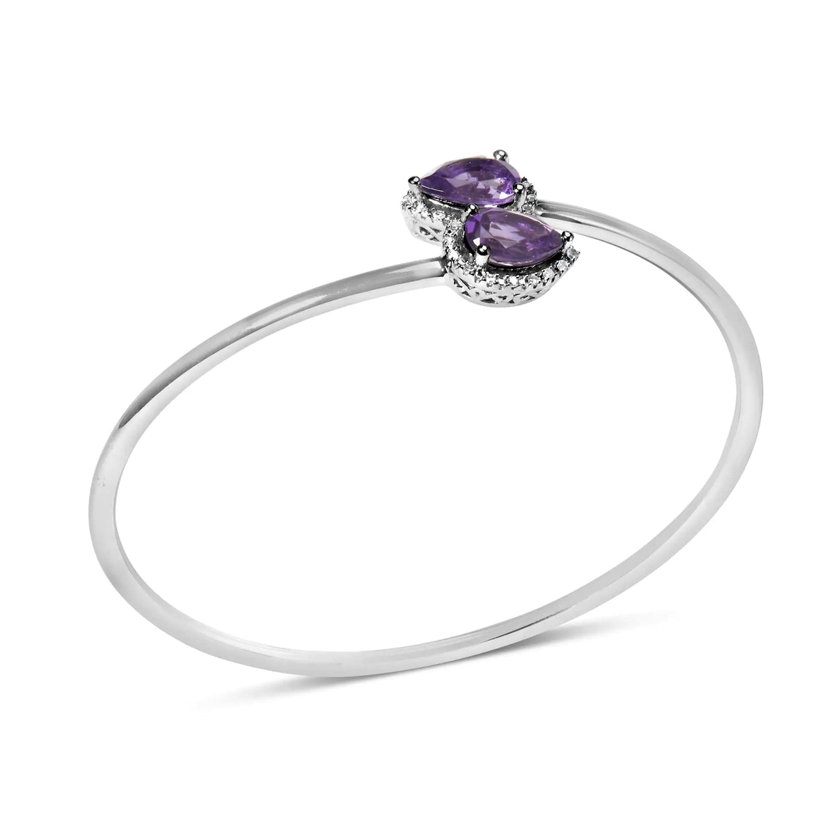 Bracelet jonc en argent sterling 925 de 8 x 5,5 mm avec améthyste en forme de poire et accent de diamant (couleur HI, clarté SI1-SI2) - Convient jusqu'à 7 pouces