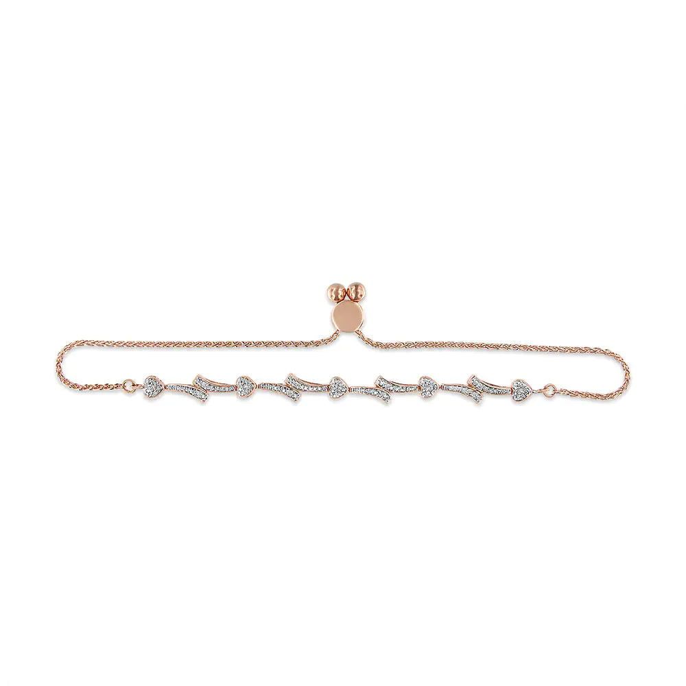 Pulsera bolo con eslabones en forma de corazón y ondas con detalles de diamantes en plata de ley 925 (color IJ, claridad I2-I3) - Ajustable de 6" a 9"