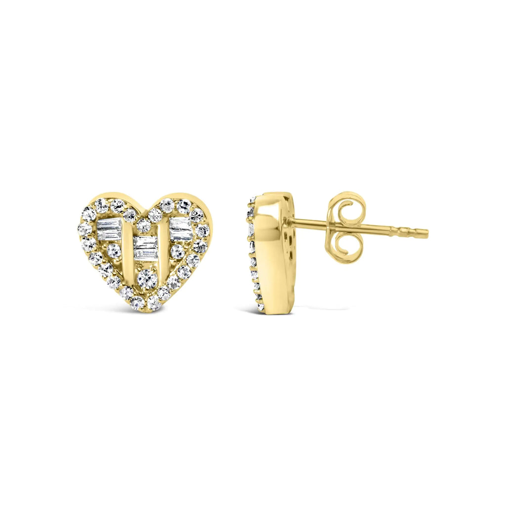 Boucles d'oreilles à tige en forme de cœur en argent sterling 925 avec diamants ronds et baguettes de 1/2 ct (couleur IJ, pureté SI2-I1)