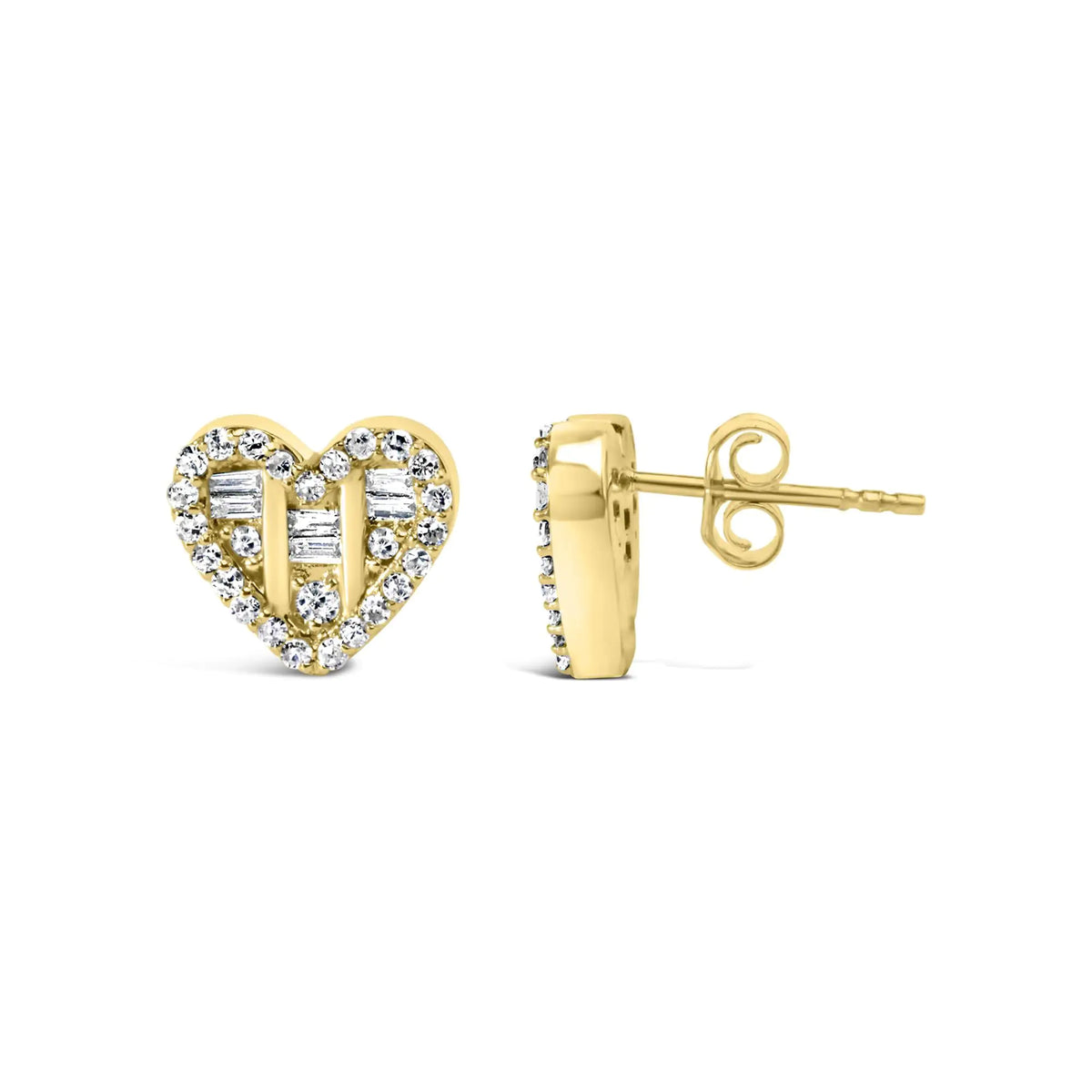 Boucles d'oreilles à tige en forme de cœur en argent sterling 925 avec diamants ronds et baguettes de 1/2 ct (couleur IJ, pureté SI2-I1)