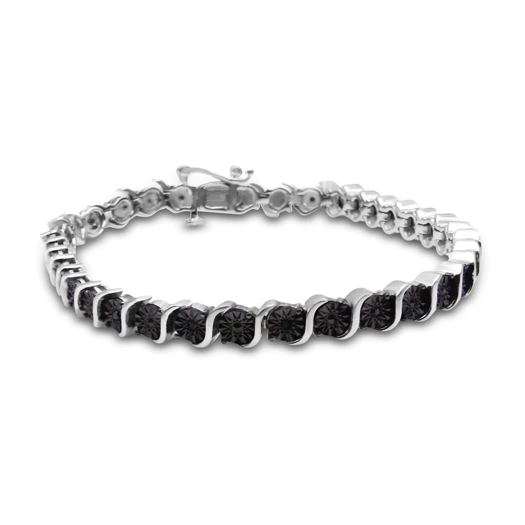 Bracelet tennis S-Link en argent sterling 925 et rhodium noir traité 1/10 ct avec diamants noirs sertis miracle (couleur noire, pureté I1-I2) - Taille 7"