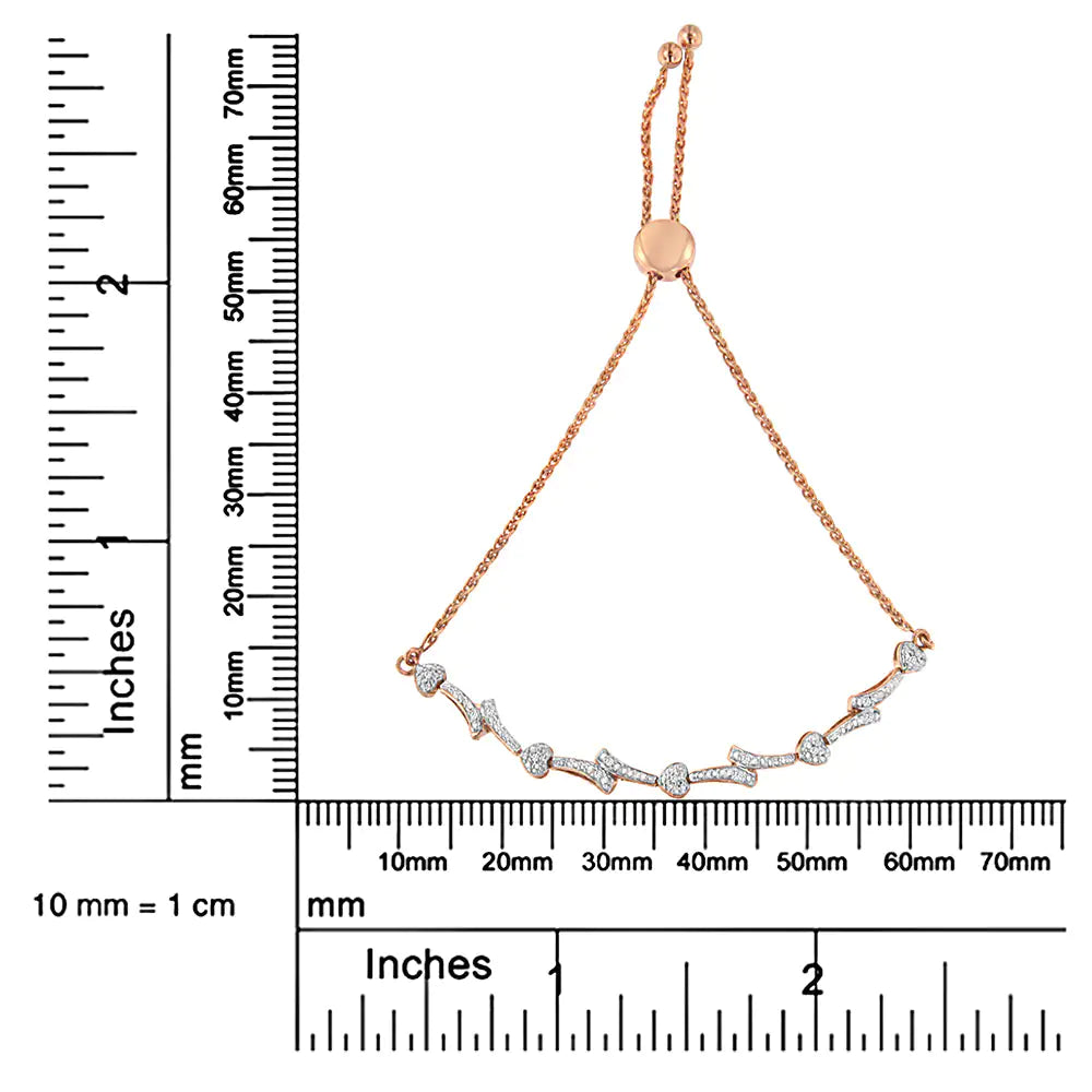 Pulsera bolo con eslabones en forma de corazón y ondas con detalles de diamantes en plata de ley 925 (color IJ, claridad I2-I3) - Ajustable de 6" a 9"