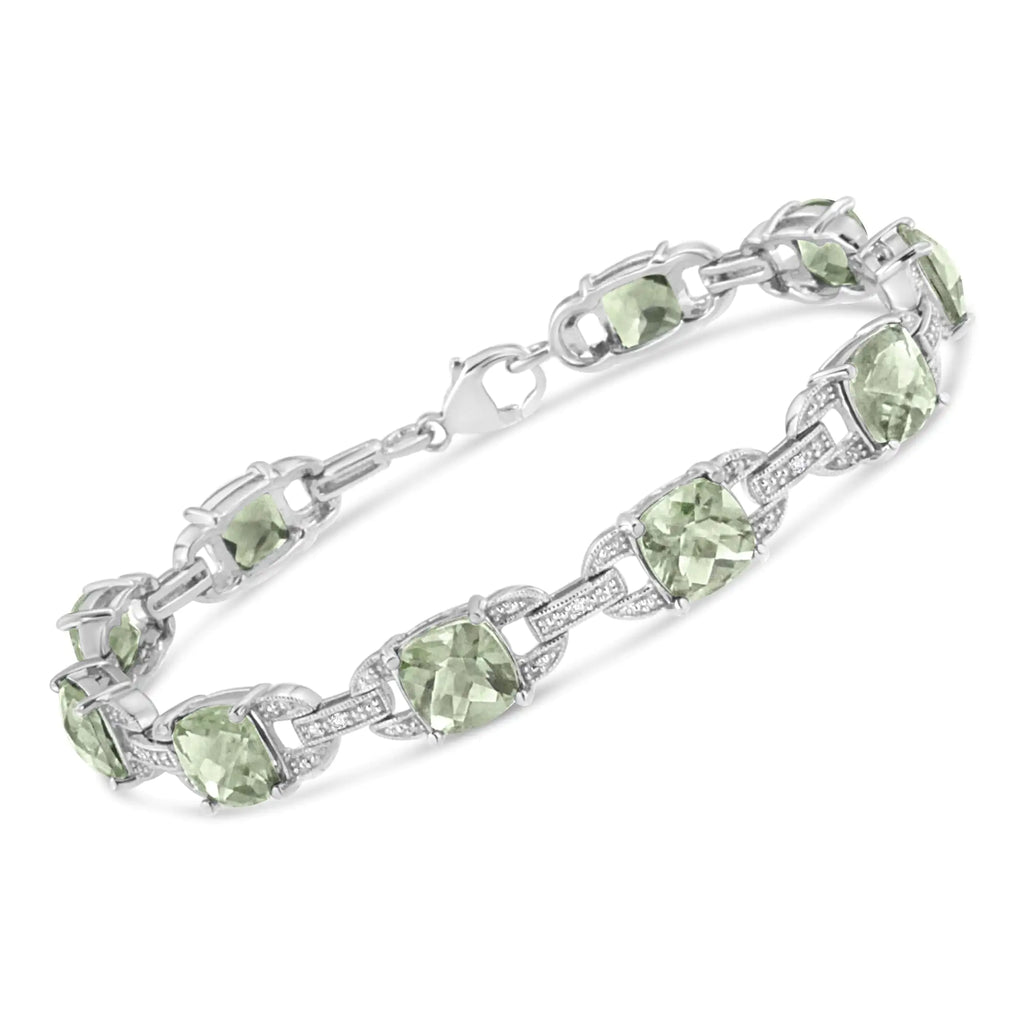 Bracelet de tennis tendance en argent sterling 925 avec améthyste verte taille coussin 7 x 7 mm et diamant taille ronde 1/20 ct (couleur IJ, pureté I1-I2) - 7"
