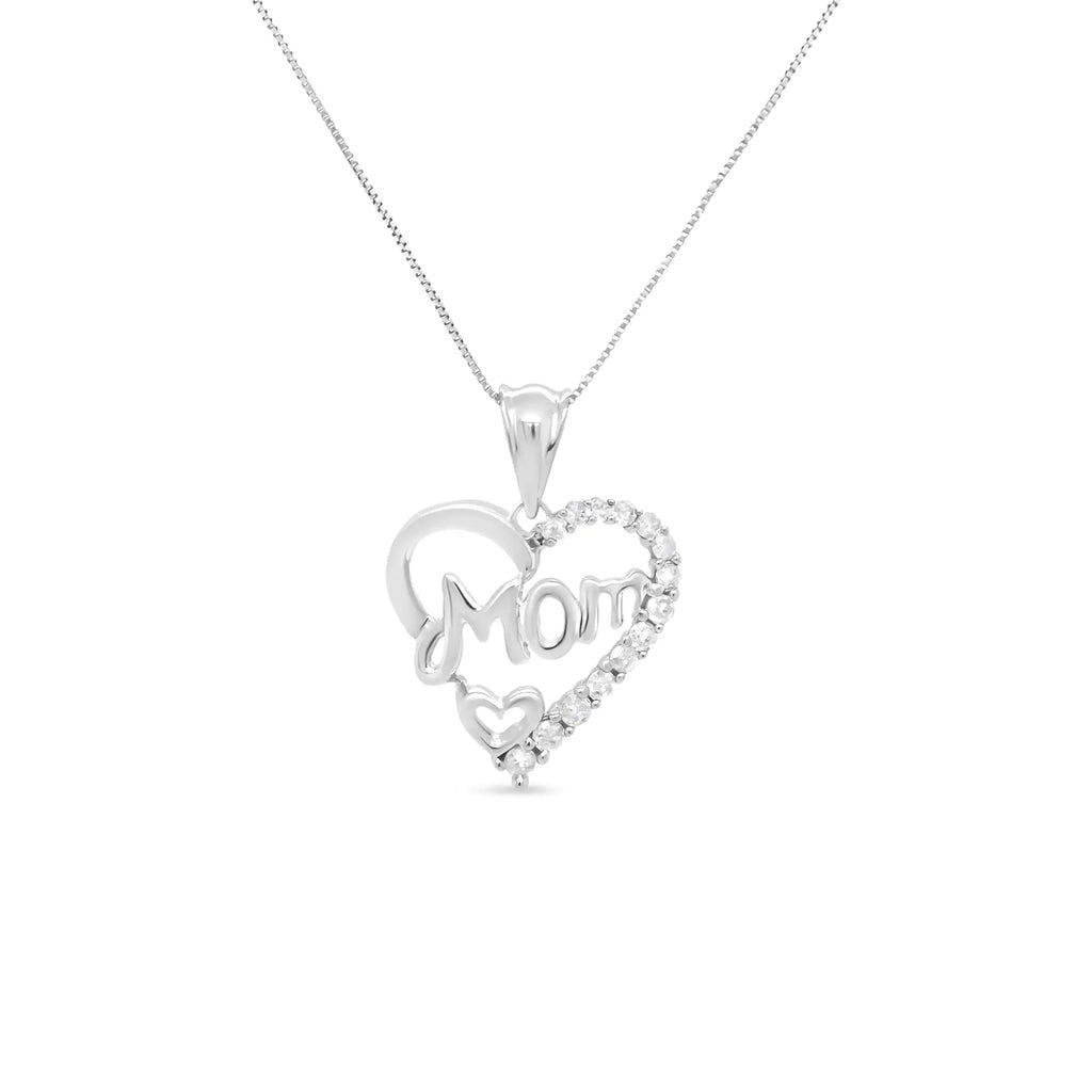 Collier avec pendentif en forme de cœur ajouré « Mom » en argent sterling 925 avec diamant rond 1/4 ct, 45,7 cm (couleur IJ, clarté I2-I3)