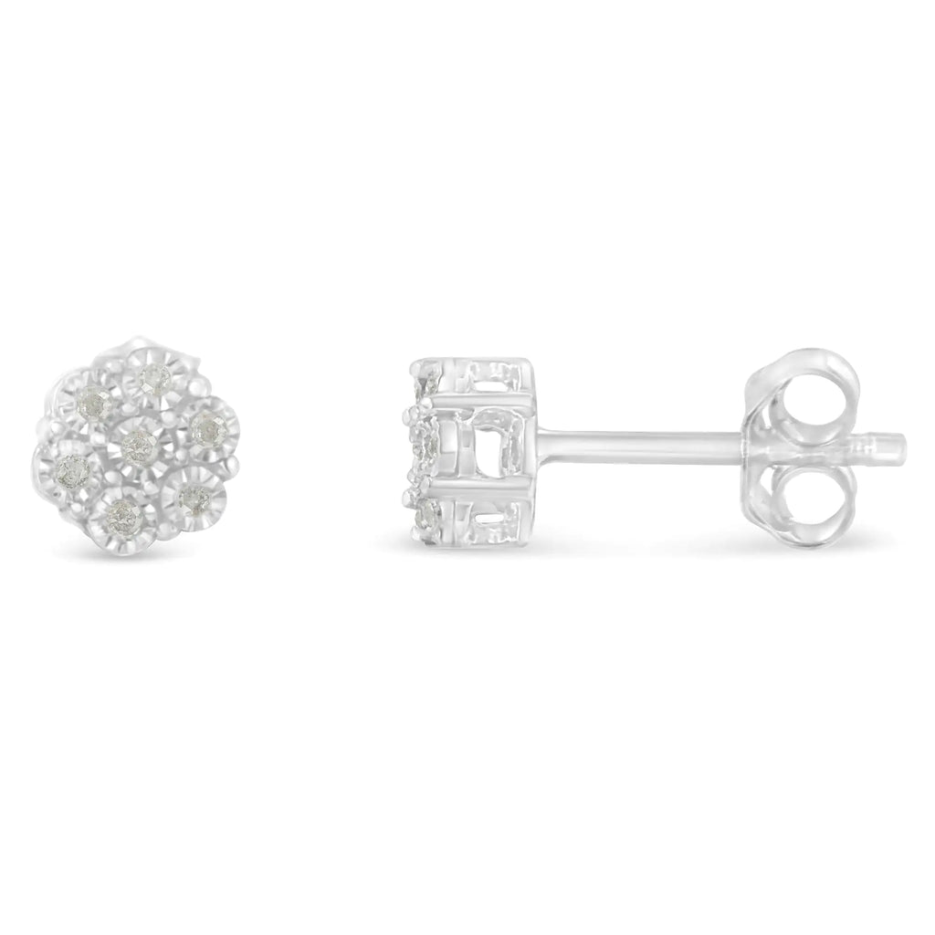 Boucles d'oreilles à tige en argent sterling 925 avec diamants taille ronde de 1/6 ct sertis miracle et bouton floral (couleur IJ, pureté I2-I3)