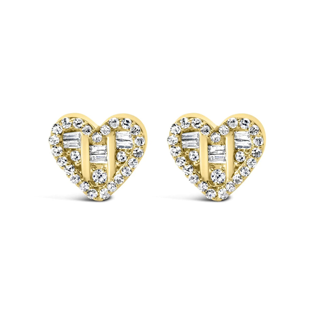Boucles d'oreilles à tige en forme de cœur en argent sterling 925 avec diamants ronds et baguettes de 1/2 ct (couleur IJ, pureté SI2-I1)
