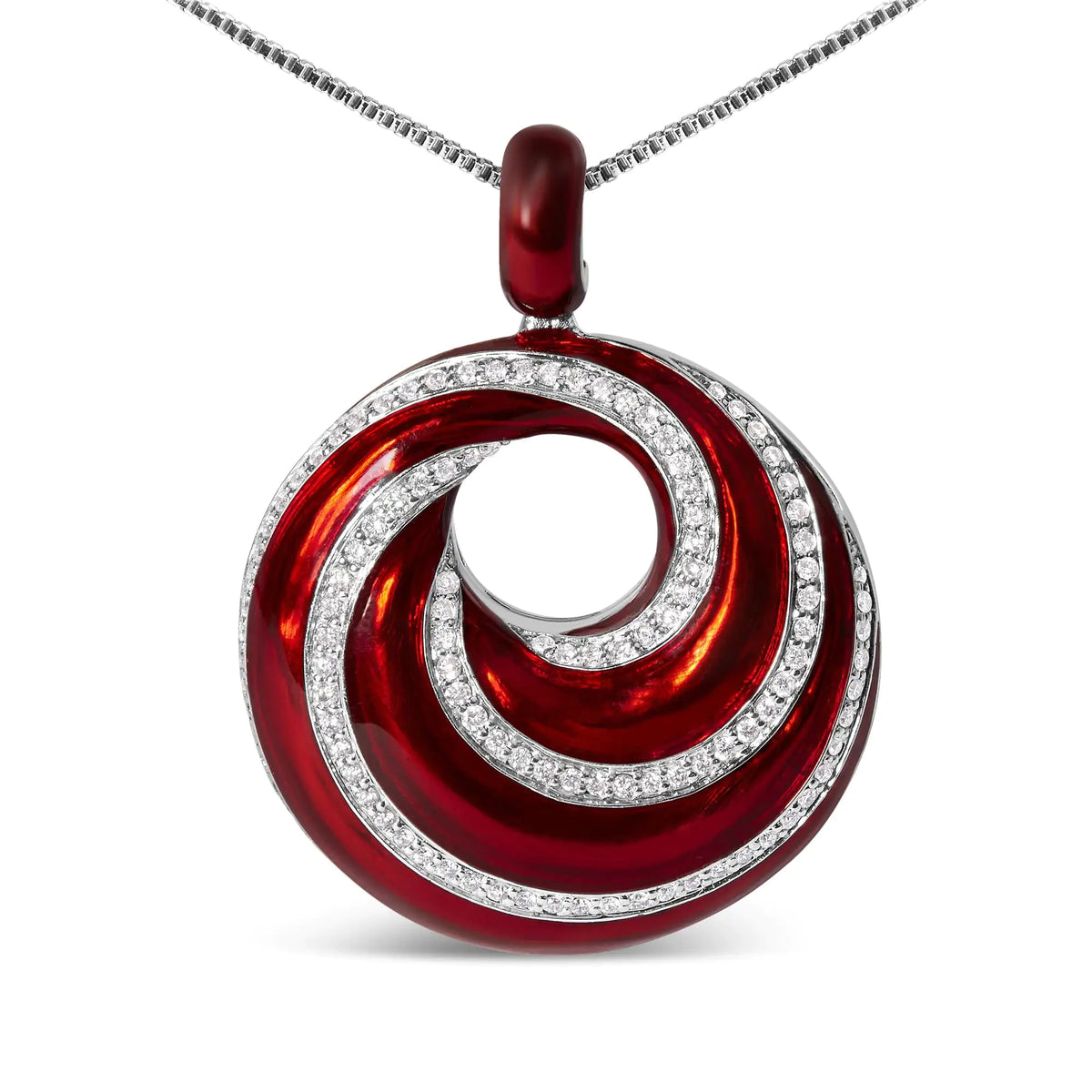Collar con colgante de medallón en espiral sin fin de 18" con esmalte rojo y 1/2 diamante en plata esterlina 925 (color FG, claridad VS1-VS2)