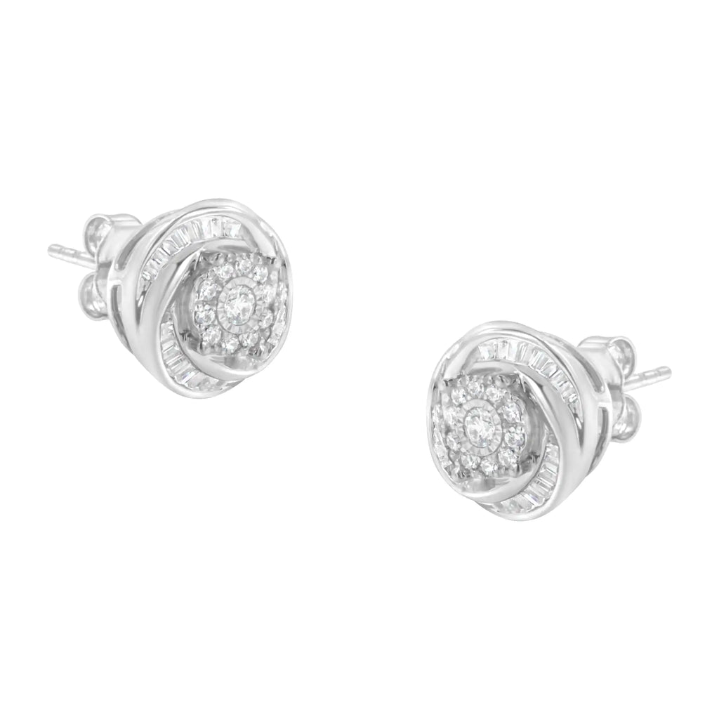 Aros con forma de nudo de amor con diamantes de talla baguette y redondos de 3/4 quilates en plata de ley 925 (color IJ, claridad I2-I3)