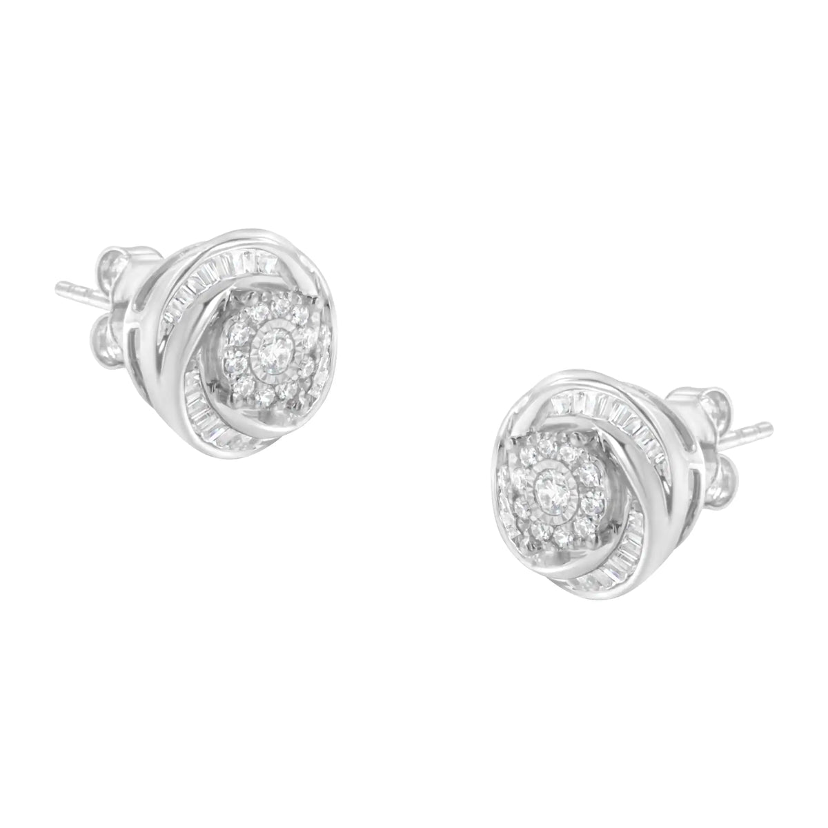 Aros con forma de nudo de amor con diamantes de talla baguette y redondos de 3/4 quilates en plata de ley 925 (color IJ, claridad I2-I3)