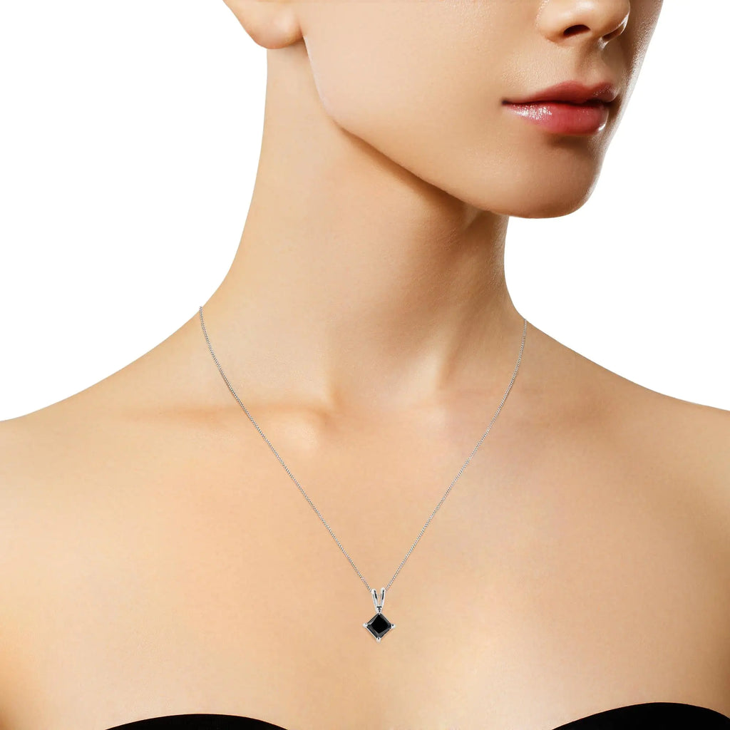.925 Sterling Silver 1.0 cttw Treated Black Princess Diamond Solitaire Pendant Necklace (Black Color, I2-I3 Clarity)