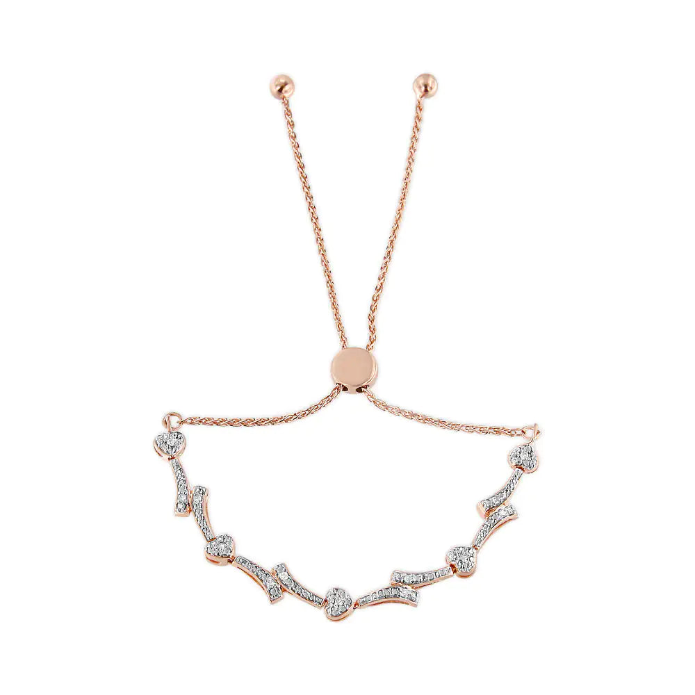 Pulsera bolo con eslabones en forma de corazón y ondas con detalles de diamantes en plata de ley 925 (color IJ, claridad I2-I3) - Ajustable de 6" a 9"