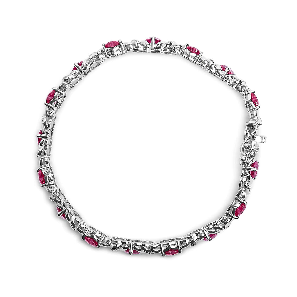 Pulsera de eslabones con detalles de diamantes blancos y rubíes rojos en forma de corazón de plata esterlina 925 (color IJ, claridad I3) - 7,25"