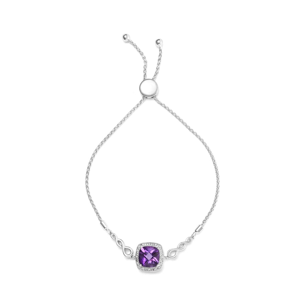 Pulsera bolo ajustable de 10 a 25 cm con amatista de talla cojín de 10 mm y detalles de diamantes en plata de ley 925 (color HI, claridad SI1-SI2)