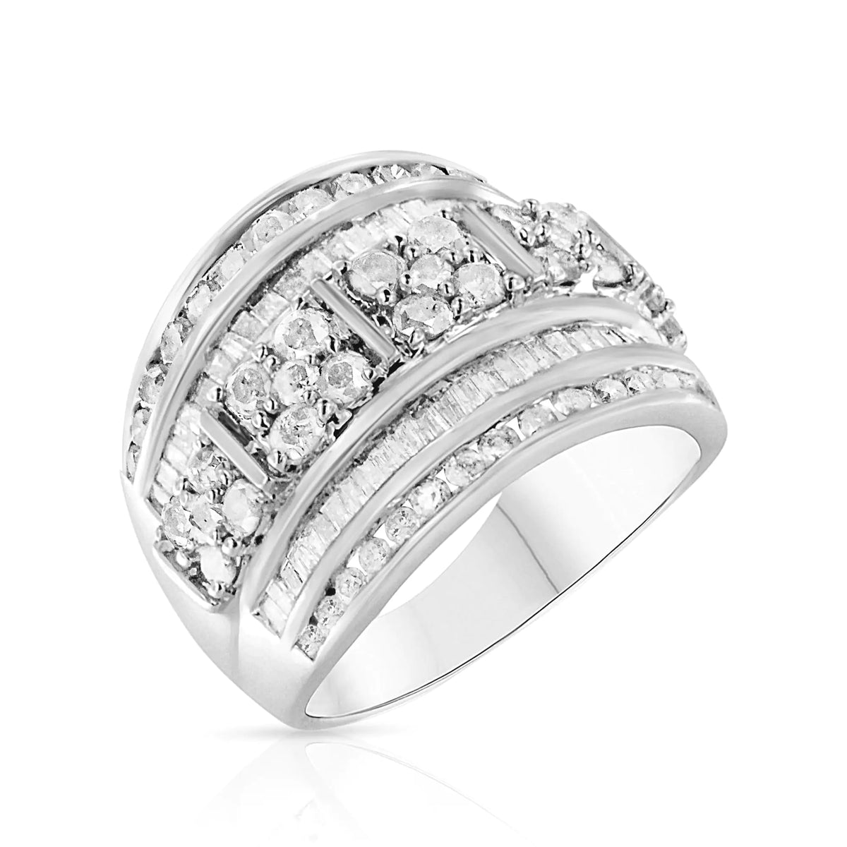 Anillo de cóctel de moda cónico con diamantes de talla baguette y redonda de 2,0 ct en plata esterlina 925 con múltiples filas y engaste en canal (color IJ, claridad I3)