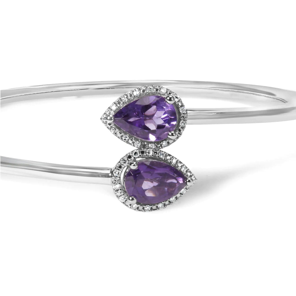 Bracelet jonc en argent sterling 925 de 8 x 5,5 mm avec améthyste en forme de poire et accent de diamant (couleur HI, clarté SI1-SI2) - Convient jusqu'à 7 pouces
