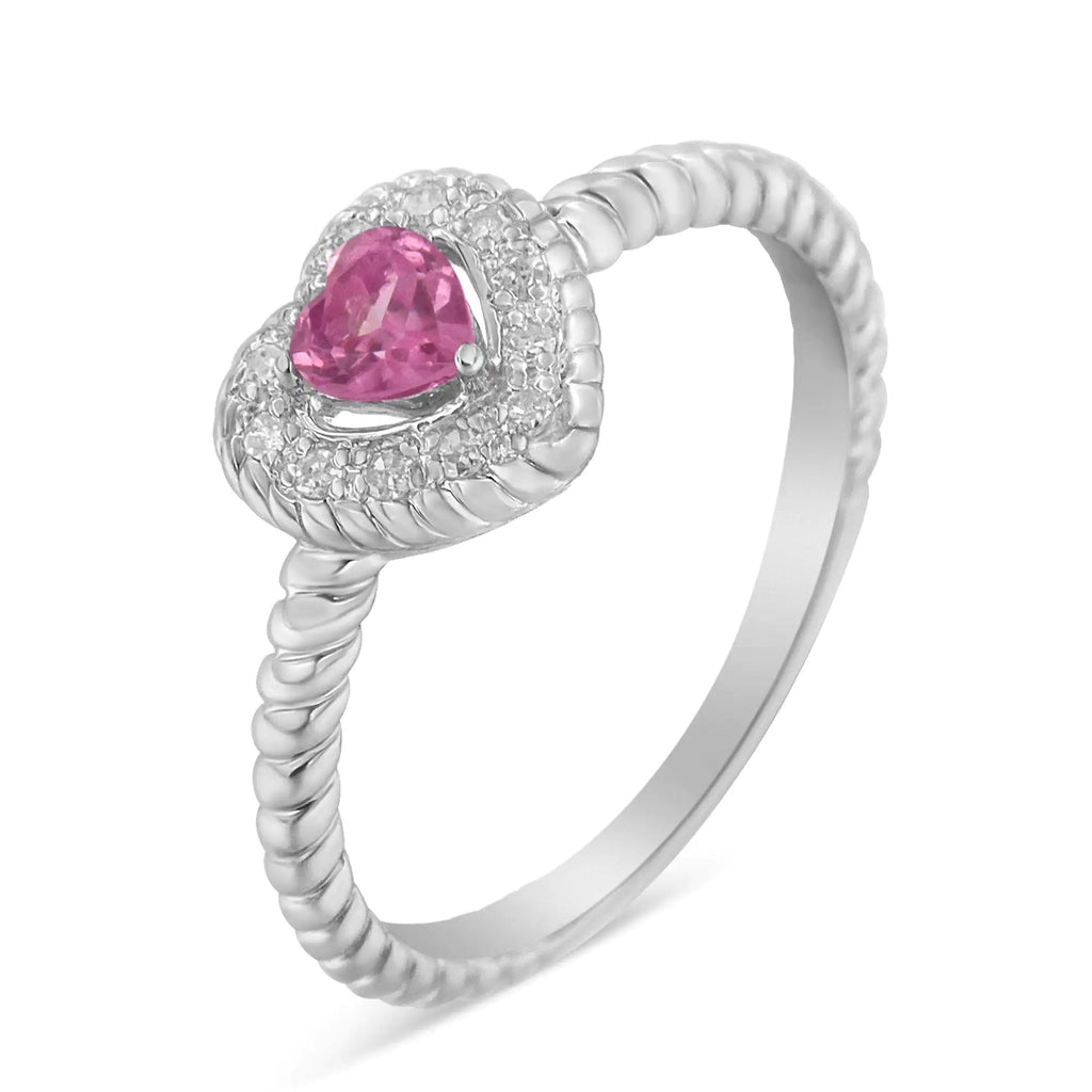 Anillo de plata de ley 925 con zafiro rosa de 4 mm y detalle de diamantes en forma de corazón (color IJ, claridad I2-I3)