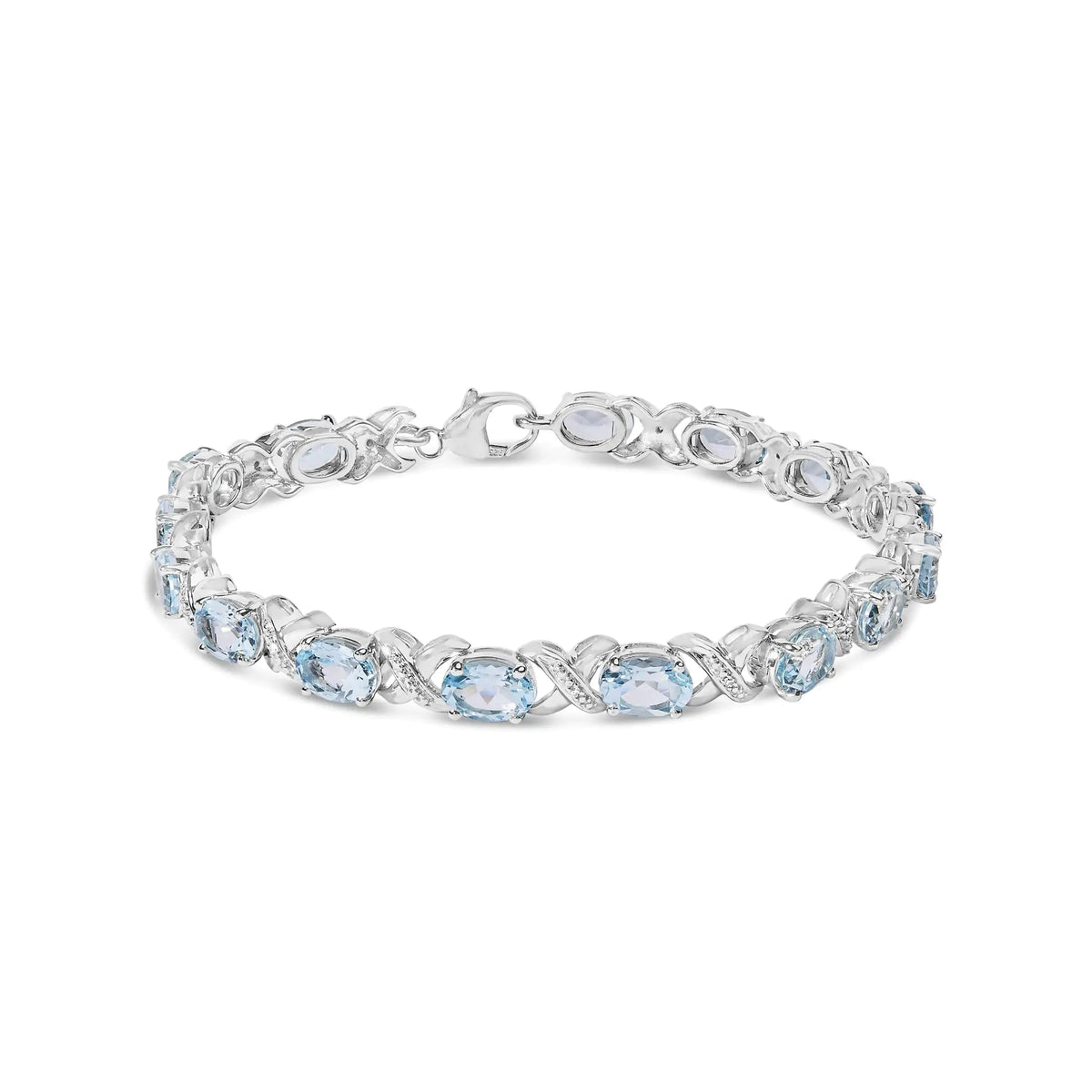 Pulsera de tenis con eslabones en forma de X y topacio azul ovalado de 16,0 quilates y detalles de diamantes en plata de ley 925 (color IJ, claridad I1-I2) - Tamaño 7"