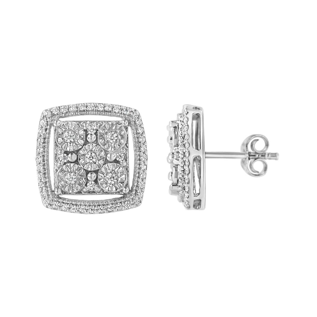 Aros de plata de ley 925 con doble halo de diamantes redondos engastados en forma de milagro de 3/8 quilates (color IJ, claridad I2-I3)