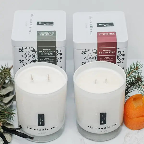 "Holiday" By the Fire and Woodland Chateau Luxury 2-Wick Soy Candle Gift Sets