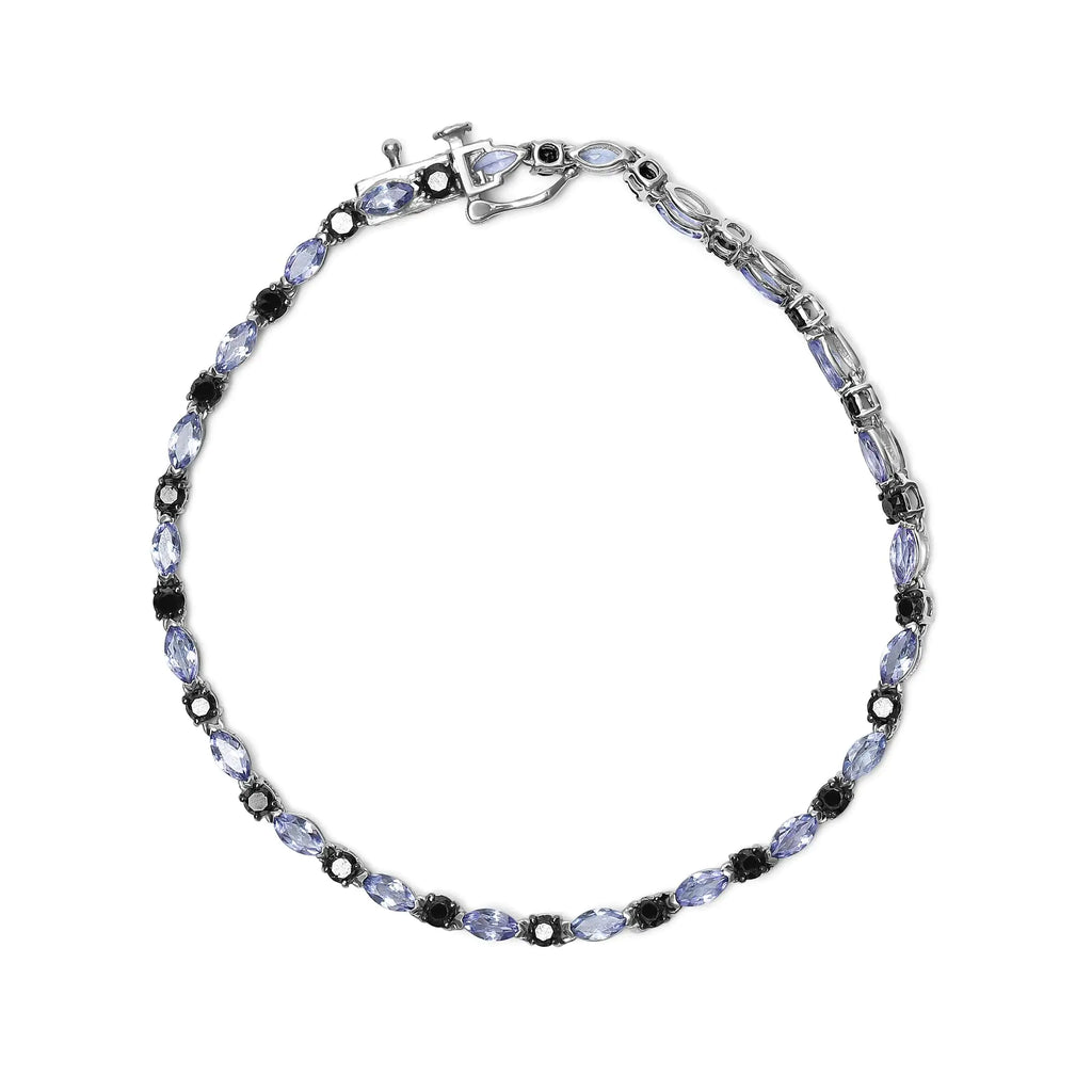 Pulsera de eslabones de tanzanita azul y diamantes negros de 1 1/2 ct en plata esterlina 925 (claridad I2-I3, color negro) - Tamaño 7,25"