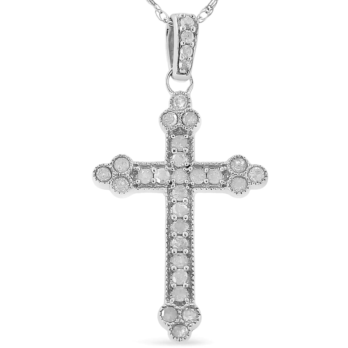 Collar con colgante de cruz de diamantes de talla redonda de 1/4 ct engastados en garras de plata esterlina 925 de 18 in (color IJ, calidad promocional I3)