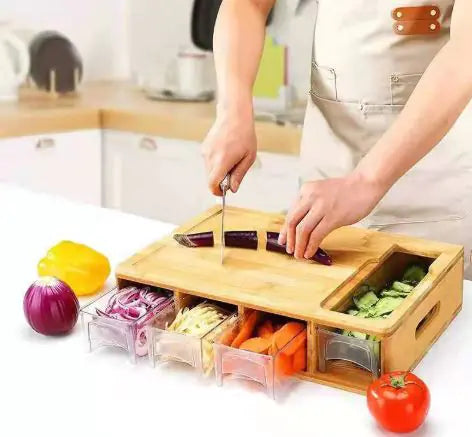 Tabla de cortar verduras multifuncional de bambú con caja de almacenamiento