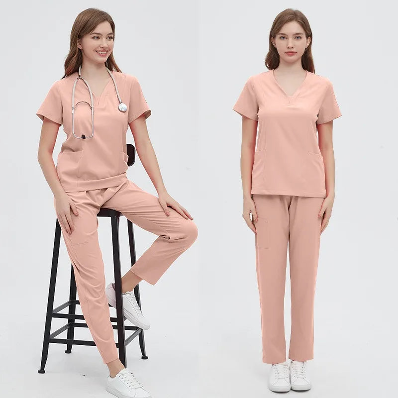 Jewel Collar Medical Scrub Uniform Solid Color Dental Clinic Nursing Sets Stretch Heathy Care Center Woking Clothes LMW008-01