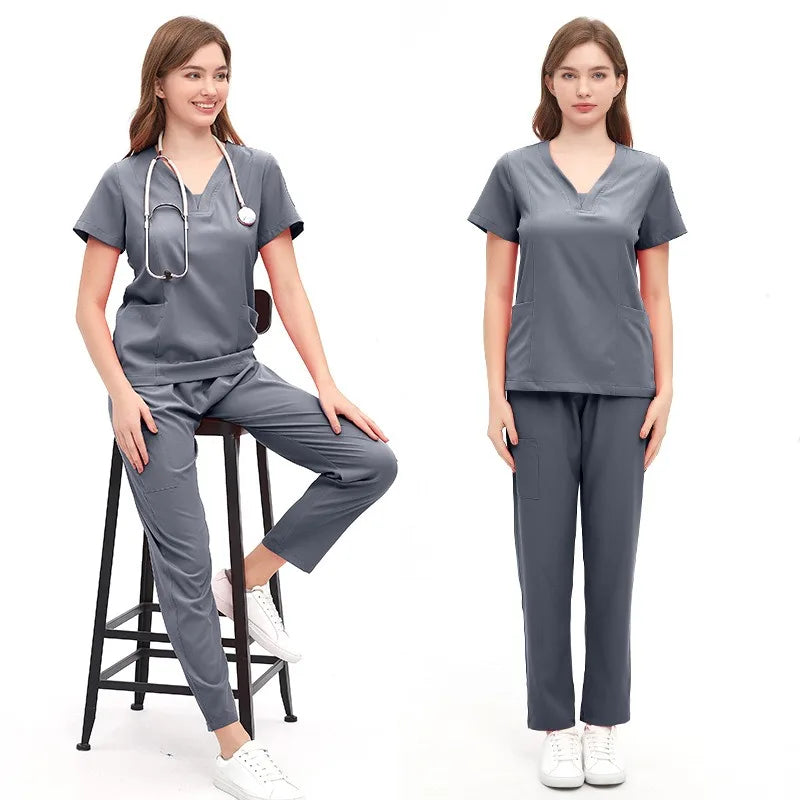 Jewel Collar Medical Scrub Uniform Solid Color Dental Clinic Nursing Sets Stretch Heathy Care Center Woking Clothes LMW008-01