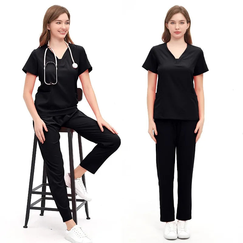 Jewel Collar Medical Scrub Uniform Solid Color Dental Clinic Nursing Sets Stretch Heathy Care Center Woking Clothes LMW008-01