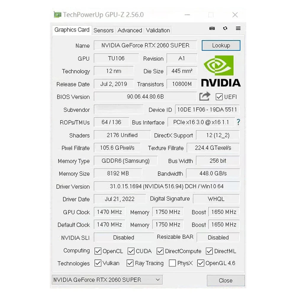 USED Graphics Cards NVIDIA GeForce RTX2060 SUPER 8G GDDR6 PCIE3.0x16 Gaming Video Card for Desktop PC Computer Components