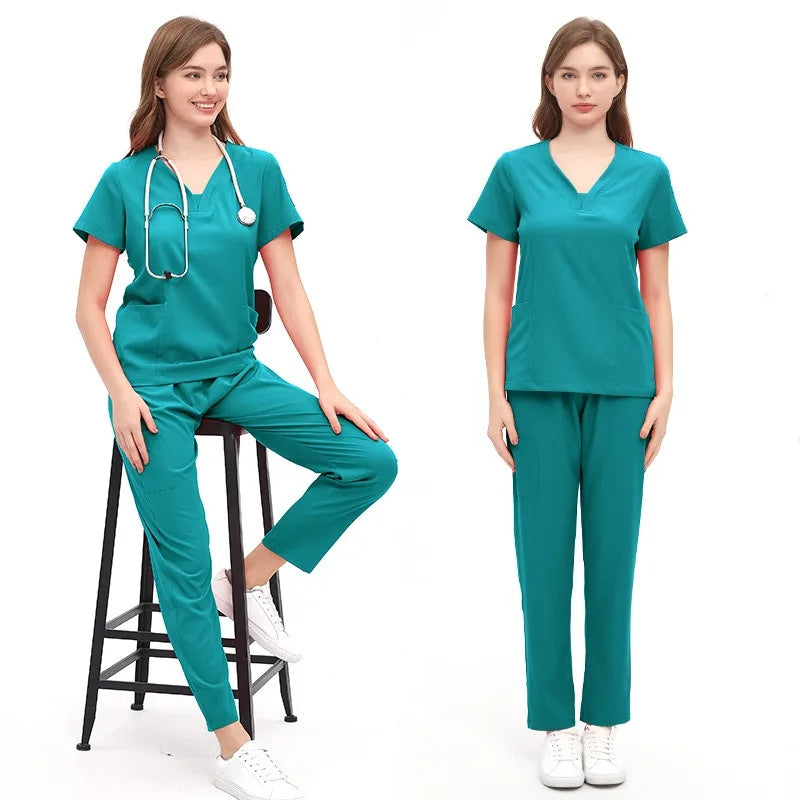 Jewel Collar Medical Scrub Uniform Solid Color Dental Clinic Nursing Sets Stretch Heathy Care Center Woking Clothes LMW008-01