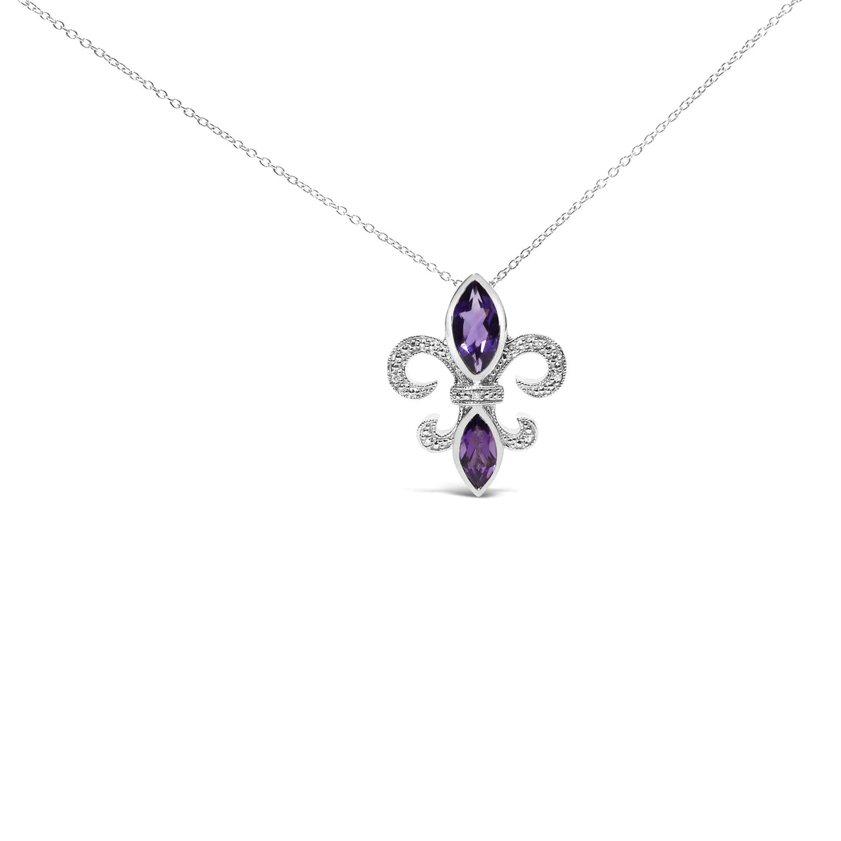 Collar con colgante de flor de lis con amatista morada y detalles de diamantes en plata de ley 925 (color HI, claridad SI1-SI2), tamaño 18"