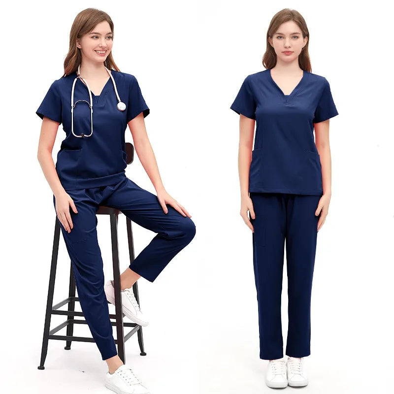 Jewel Collar Medical Scrub Uniform Solid Color Dental Clinic Nursing Sets Stretch Heathy Care Center Woking Clothes LMW008-01
