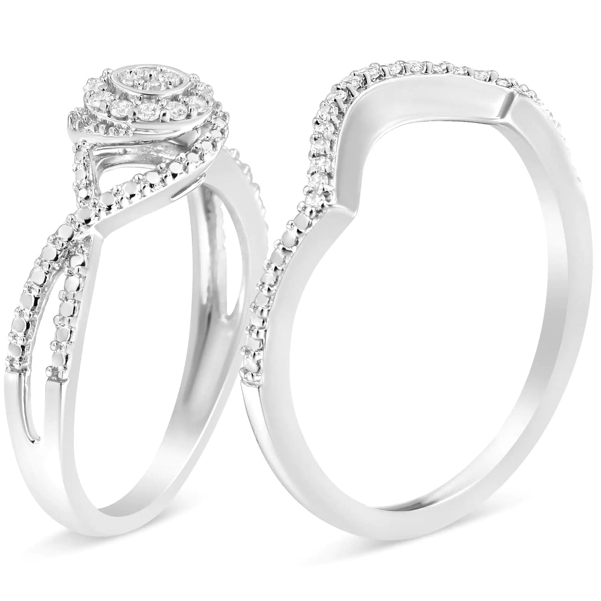 Anillo y banda nupcial con halo compuesto de diamantes de 1/6 quilates y cuerpo dividido en plata esterlina 925 (color IJ, claridad I3)
