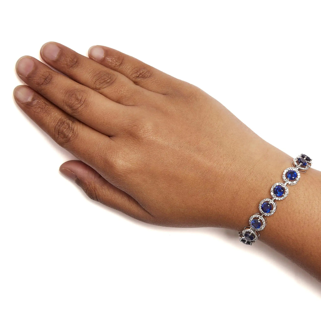 Bracelet à maillons halo en argent sterling 925 avec saphir bleu synthétique et topaze blanche de 21,0 ct - 7,25 pouces