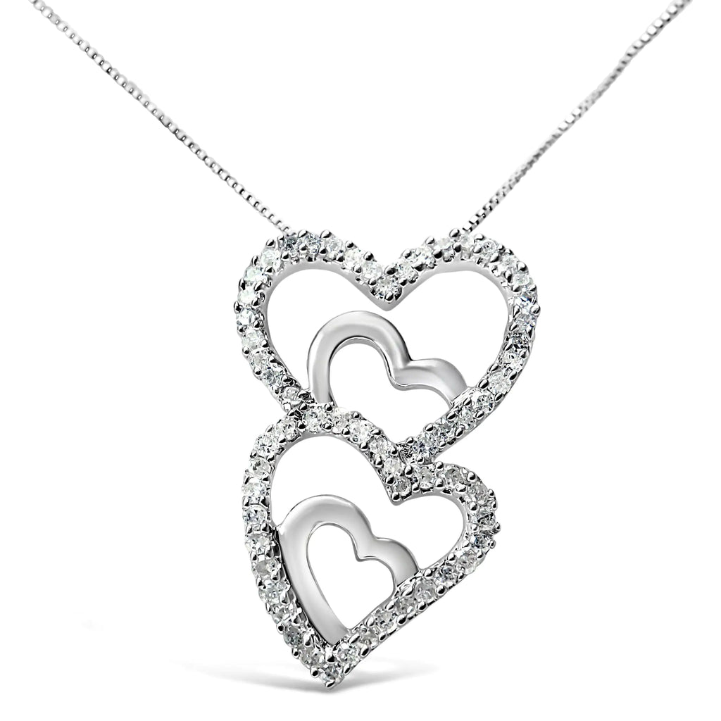 Collier avec pendentif double cœur dans le cœur en argent sterling 925 3/8 ct avec diamant rond de 45,7 cm (couleur IJ, clarté I3)