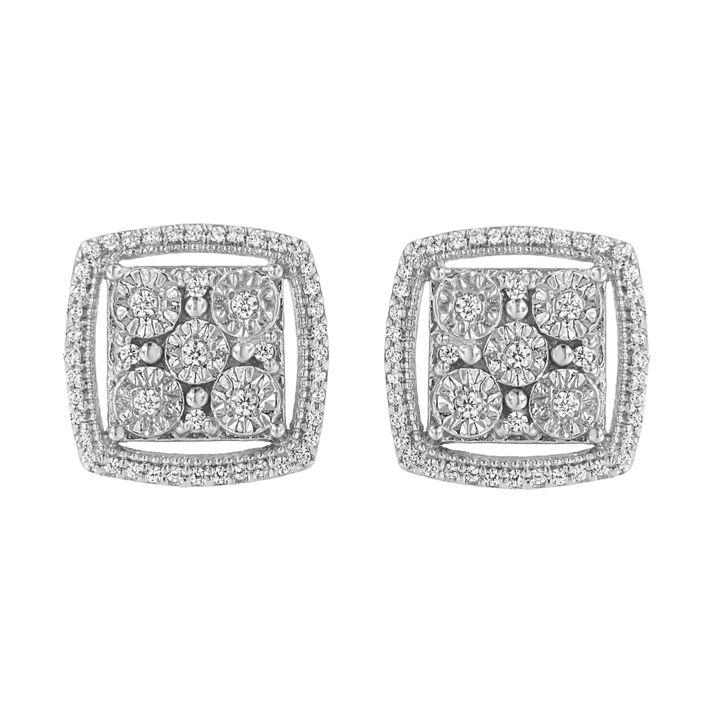 Aros de plata de ley 925 con doble halo de diamantes redondos engastados en forma de milagro de 3/8 quilates (color IJ, claridad I2-I3)