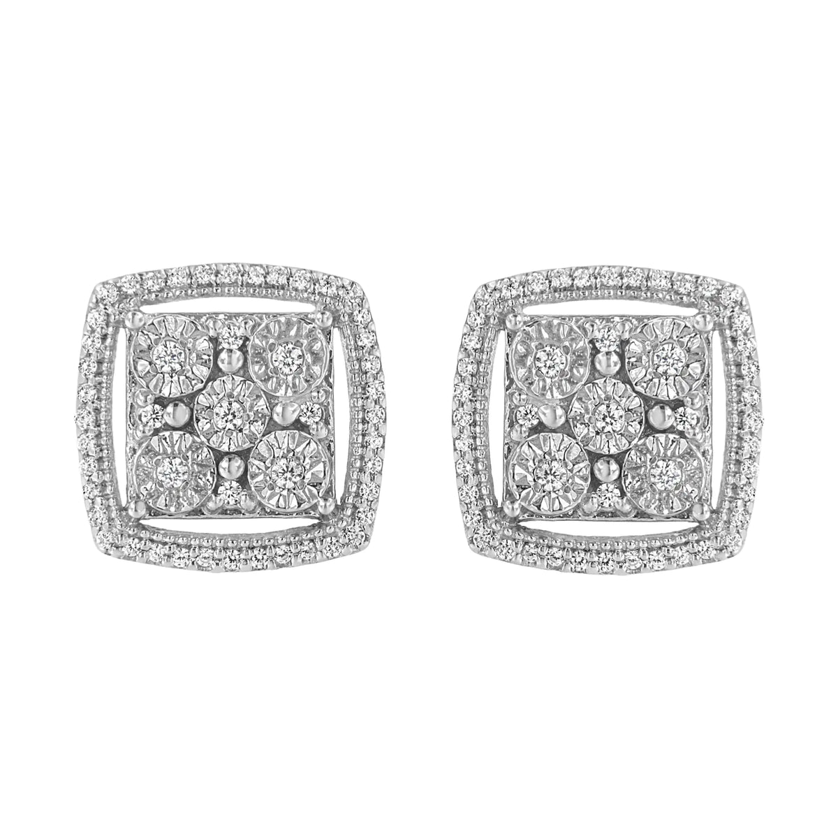 Aros de plata de ley 925 con doble halo de diamantes redondos engastados en forma de milagro de 3/8 quilates (color IJ, claridad I2-I3)