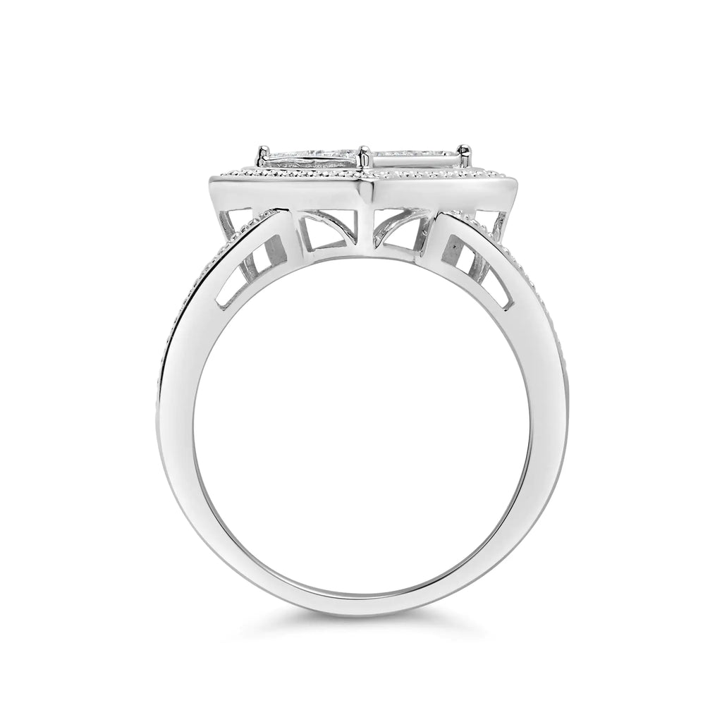 Bague en argent sterling 925 avec diamants taille princesse invisibles de 1/3 ct et halo perlé (couleur HI, clarté SI1-SI2)