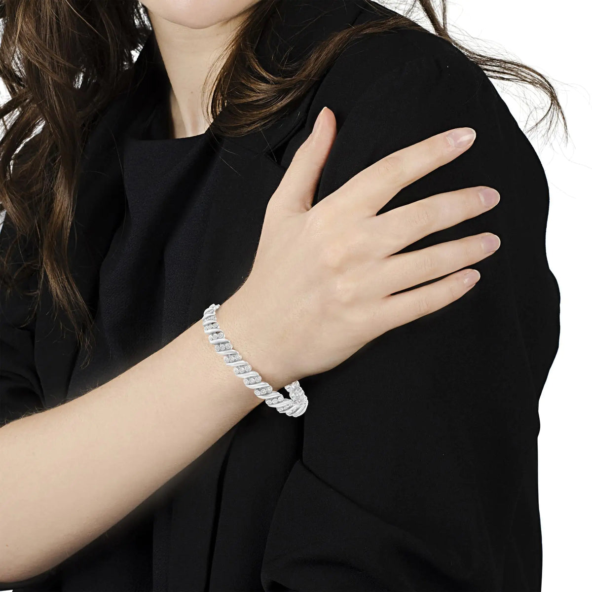 Pulsera de eslabones en forma de "S" con tres diamantes en fila en plata de ley 925 (1 ctw, color IJ, claridad I3) - Tamaño 7,5"